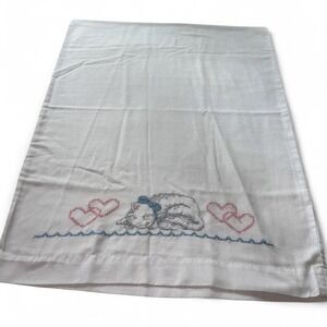 Vintage white cotton pillowcase cross stitch sleeping kitten cat pink hearts